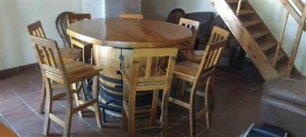 UNIQUE WINE BARREL COCKTAIL TABLE WITH MATCHING STOOLS