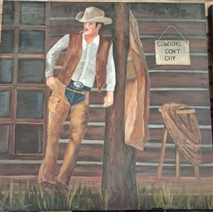 Cowboy leaning against a pillar  - Oil Painting 