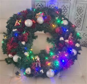 Christmas wreath for front door or outside comes with 2 sets battery  operated led lights +- 70cm