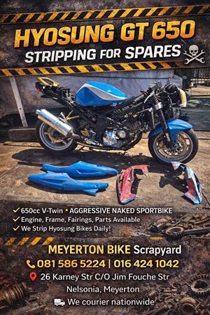 Hyosung GT 650 stripping for spares. Meyerton bike scrapyard new & secondhand spares. Andre