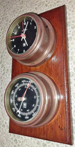 Vintage VDO Barometer & Alarm Clock Set on Hardwood Base – Working Condition