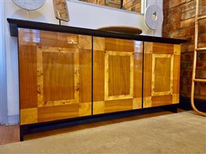 Heavy Vintage Ebony and Burl wood Inlay Sideboard Storage Cabinet