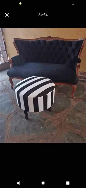 STUNNINGLY  GORGEOUS BLACK and White striped ottoman - Queen Anne leg detail. CRESTA  w/