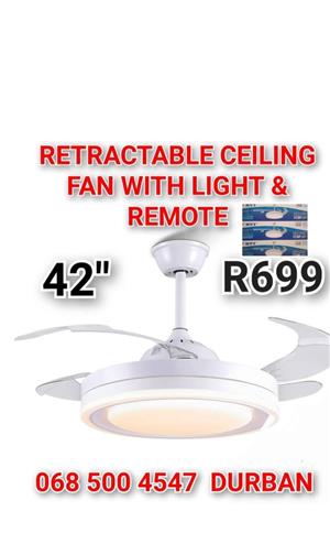 Retractable ceiling fan with light and remote