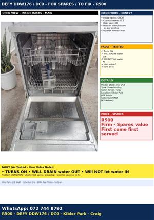 DEFY DDW176 / DC9 Dishwasher - FOR SPARES / TO FIX -