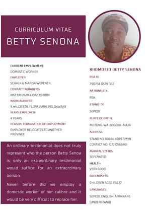 EXPERIENCED DOMESTIC WORKER WITH MATRIC