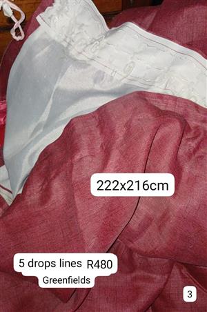 maroon curtains 5 drops, 222x216cm taped, lined