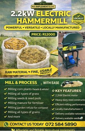 2.2kw electric or 6.5hp petrol 600mm drum size Hammermill comes with two sieves 10mm & 25mm