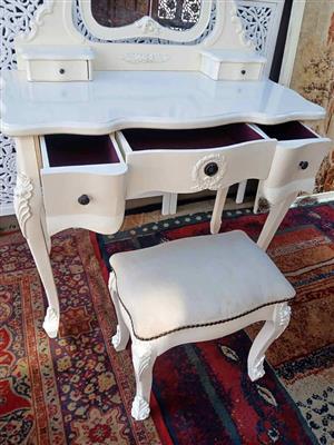 Vintage White Dressing Vanity Set with Ornate Mirror & Upholstered Stool