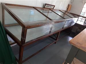 Very large, oak and glass, back-opening display cases