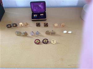 Cufflinks (corporate) and a vintage boxed set by Meakers  of London, lapel pins
