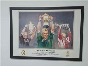 Framed Francois Pienaar and Allan Donald limited edition printed paintings. Size 600mm x 900mm.