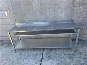 Stainless steel top table 600x2200 with Splashback 900high  with custom made shelves