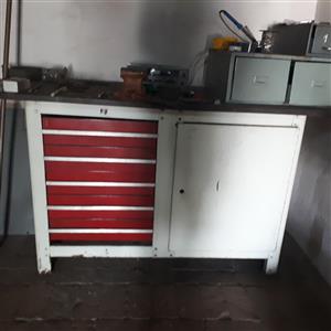 Heavy duty work bench, wooden top surface,