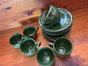 Vintage Japanese Green Ceramic Tea Set — Cups Saucers Teapot — Hand Painted