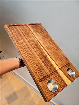 LARGE Kiaat Wood Braai Board / Chopping / Serving Board with Stainless Dip Bowls - 50cm X 33cm