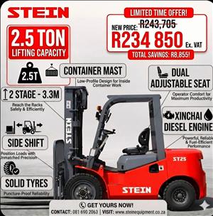 Stein 2.5 ton Diesel Forklift, Brand new, in stock, 24 month 2000hr warranty.