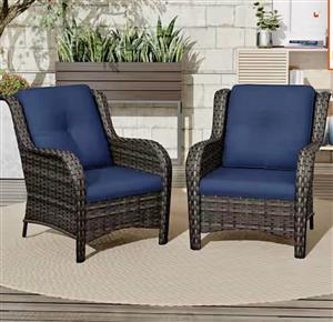 2-Piece Patio Wicker Outdoor Lounge Chair with Thick Blue Cushions.