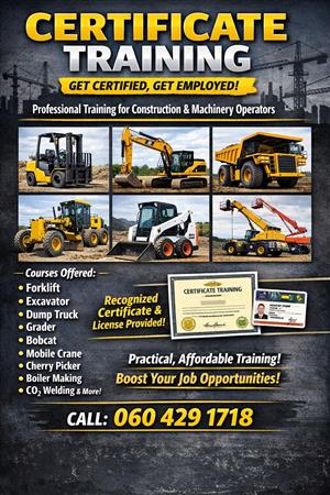Certificate tTraining for Grader,Super link,Tower crane courses call for Booking