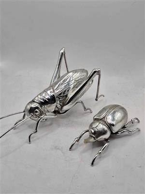 Vintage, handmade, silver-tone resin figurine of a grasshopper ans dungbeetle.