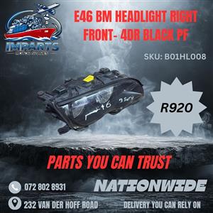  NEW BMW E46 Right Front Headlight – 4 Door Black PF