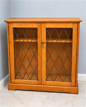 Vintage Oak Display Cabinet with Leaded-Glass Doors