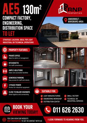 AE5 – 130m² Compact Factory, Engineering, Distribution Space To Let