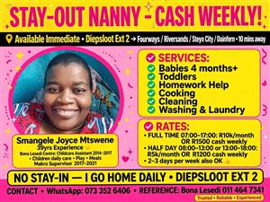 STAY-OUT NANNY CASH WEEKLY - Fourways / Dainfern / Steyn City / Riversands - Ava