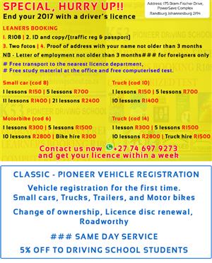 PIONEER DRIVING SCHOOL IN RANDBURG LEANERS LICENCE ,DRIVING LESSONS AND  DRIVERS TEST