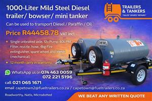 un-braked 1000 Liter Mild Steel~ Bowser/ Fuel Trailer/ Mini Tanker