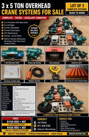 3 x 5 Ton onverhead Cranes 