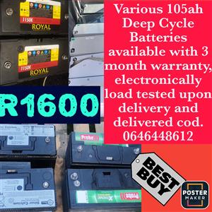 Various 105ah Deep Cycle Batteries available with 3 month warranty, electronically load tested upon