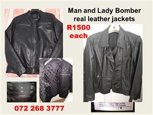 One each Man and Lady real leather bomber jackets
