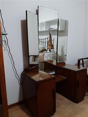 Triple-mirror oak dressing table or vanity.