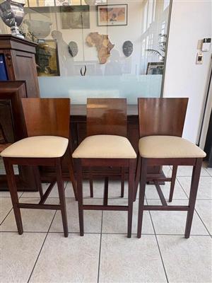 Set of 3 Modern Wooden Bar Stools - Genuine Leather Seats
