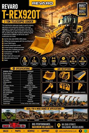 New Revaro T-Rex telescopic loaders for sale at Mad Farmer SA