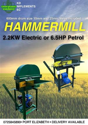 2.2Kw Electric Hammermill or 6.5HP Petrol Hammermill 600mm drum size comes with two sieves 10mm & 25