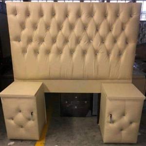 New Queen cream faux leather headboard & pedestals with shuny buttons
