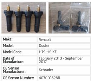 Renault Duster TPMS tyre pressure monitor sensors and valves 