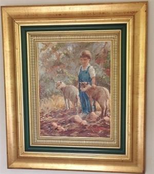 Medium size Oil Painting with gold and emerald green Frame 
