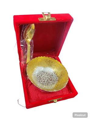 Luxury Two-Tone Gold & Silver Plated Bowl and Spoon Set in Velvet Gift Box