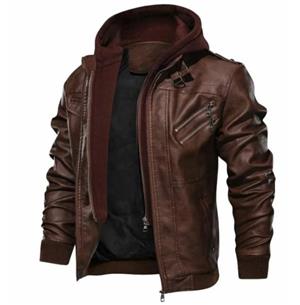 Men Brown Leather Biker Jacket with Removable Hood