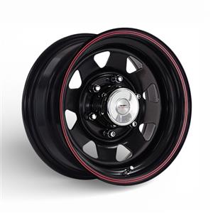14″ A-Line Spoke 5×114 Satin Black Red Pinstripe Steel Wheels