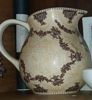 Vintage Brown & White Transferware Creamer Pitcher Swans Waterfall Roses Tonquin Jar
