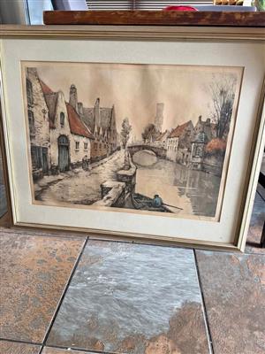 Antique hand colered etching Bruges