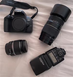Canon EOS 800D camera, 18-55mm lens, 70-300mm lens, Speedlight 430EX and 64GB SD