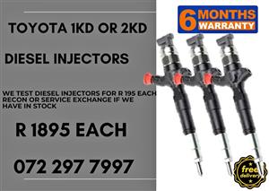 Toyota 1KD or 2KD Diesel Injectors for sale on service exchange or to recon