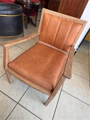 Genuine Leather & Solid Wood Mid-Century Armchair