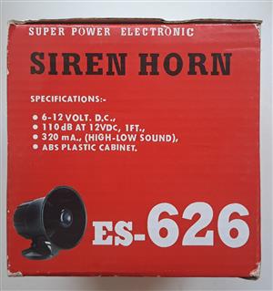 SUPER POWER ELECTRONIC SIREN HORN ES 626 SPECIFICATIONS: =6-12 VOLT. D.C.,  =110