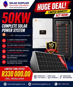 50KW Felicity solar inverter, batteries and panels